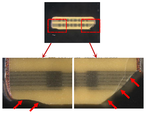 從破裂的現(xiàn)象與電容廠商切片的照片看來，破裂的痕跡從端接處以斜角裂開，電容零件的確像是機(jī)械外應(yīng)力所造成的破裂。