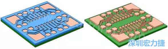 銅被電鍍在導(dǎo)電種子層之上，從而填滿了PCB板上的圖形化光刻膠腔體(左)。清除光刻膠，蝕刻暴露出的種子層以分隔開不同的銅線(右)-深圳宏力捷