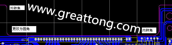 PCB設(shè)計時單面板的轉(zhuǎn)角都需為圓角，R1.0mm或R2.0mm為宜。