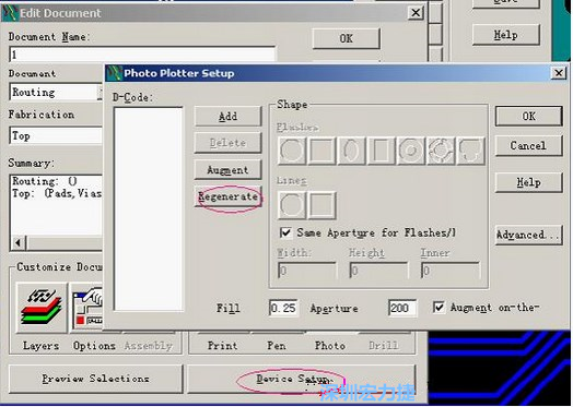 當(dāng)Gerber和鉆孔都設(shè)置完后，選擇一貼片元件較多的層（一般為Top層），點(diǎn)擊Device SetupPhoto，將 Plotter Setup窗口D-Code欄原有的D碼刪除并按Regenerate重新生成