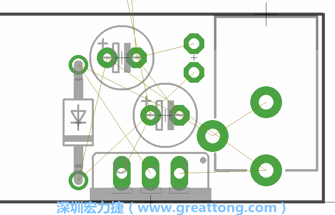 如同第一篇的步驟，我們將從電源迴路開始著手，移動電源插座（Power Jack）、電壓調(diào)整器、二極體、兩個電容和輔助接頭JP1到如上圖所示的位置。