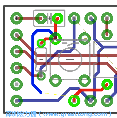 要在電路板正面進(jìn)行+5V信號線連結(jié)和其他連結(jié)點(diǎn)的布線工作是非常容易的，而重置信號線（信號線用來連結(jié)電路板正面左邊的重置開關(guān)）需要經(jīng)過一個可以通過電路板正反兩面的電路通道，這個通道是一個可以讓電路板正反兩面線路連接的一個小孔。