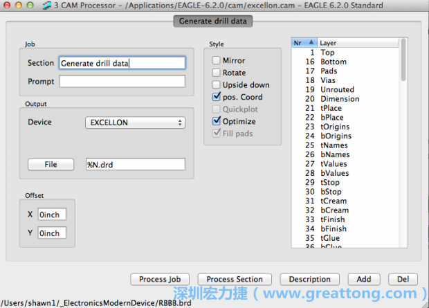 打開「excellon.cam」的工作項(xiàng)目并建立drill文件（副檔名為「.dri」和「.drd」），之后你只會(huì)用到「.drd」的文件檔；「.dri」的文件只是解釋用資料（所謂后設(shè)資料）而已。