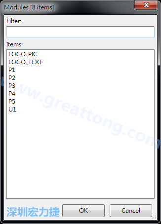 從目前正在編輯的PCB載入Module， 會(huì)顯示有那些項(xiàng)目可載入。點(diǎn)選一個(gè)， OK后即完成載入
