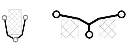 圖12：樹和(灰色顯示的)障礙物。(a)最小生成樹，(b)Steiner樹。