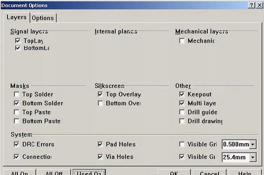 按“L”打開層設置窗口，打開各層圖形進行初步檢查，看文件有無設計上的問題或有無特殊的、在處理文件時需特別留意之處