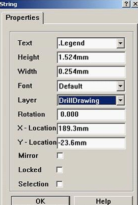 7. 放置分孔圖，按“P、S”在圖形的右下角放置一字符串，并雙擊打開，將Text改為。Legend；Layer改為DrillDrawing即可